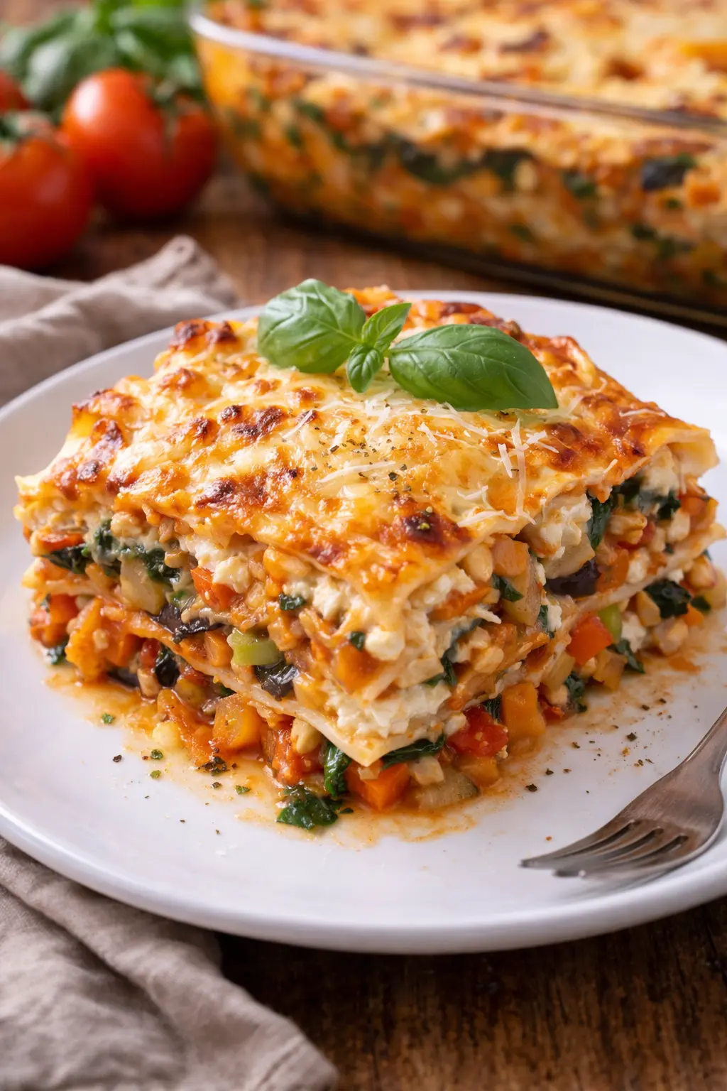 Vegetarisk lasagne serverad